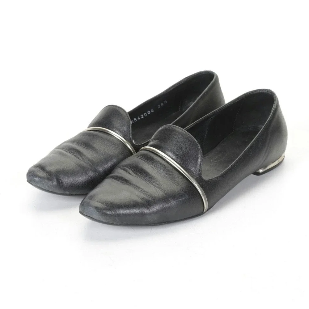 AGL Black Leather Flat Loafers‎ Silver Band Almond Toe N542004 Womens 6 EU 36.5